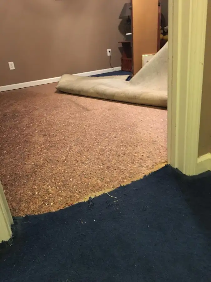 Carpet pad removal revealing water damage during Drying & Dehumidification in Peekskill